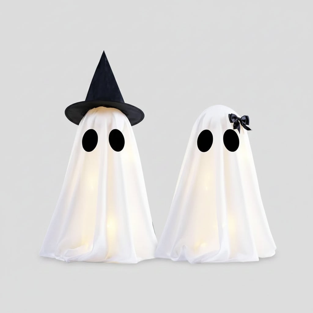 Halloween Ghost Decorations Set of Two with Warm LED Glow and Witch Hat Detail