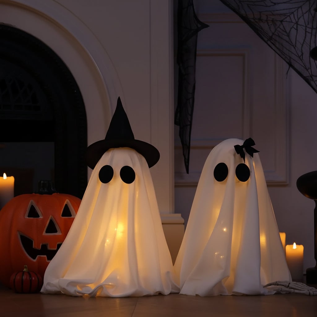 Halloween Ghost Decorations Set of Two with Warm LED Glow and Witch Hat Detail
