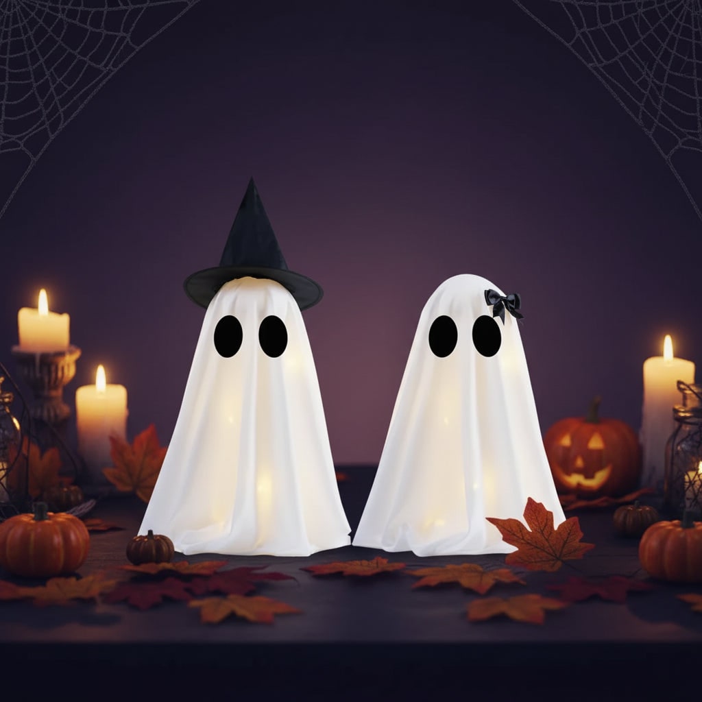 Halloween Ghost Decorations Set of Two with Warm LED Glow and Witch Hat Detail
