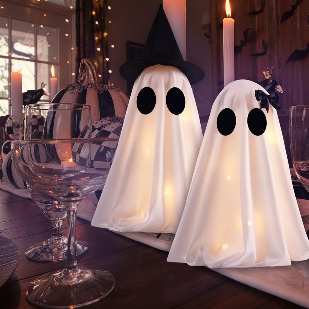 Halloween Ghost Decorations Set of Two with Warm LED Glow and Witch Hat Detail