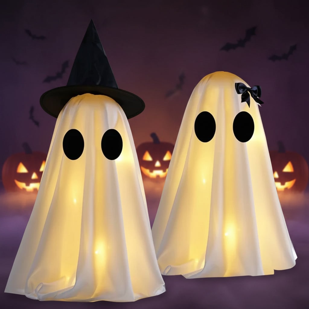 Halloween Ghost Decorations Set of Two with Warm LED Glow and Witch Hat Detail