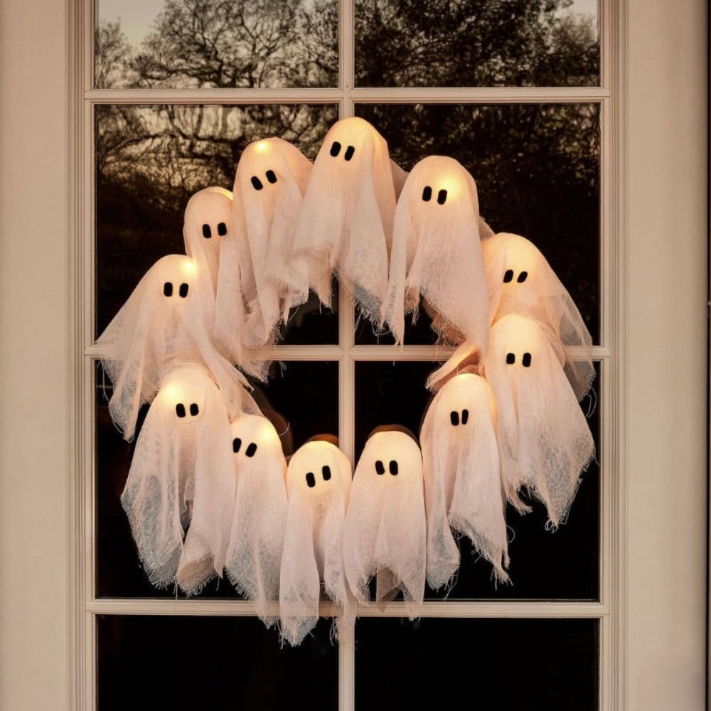 Halloween Decorations Outdoor Ghost Wreath with Battery LED Lights for Front Door 12 Gauze Figures