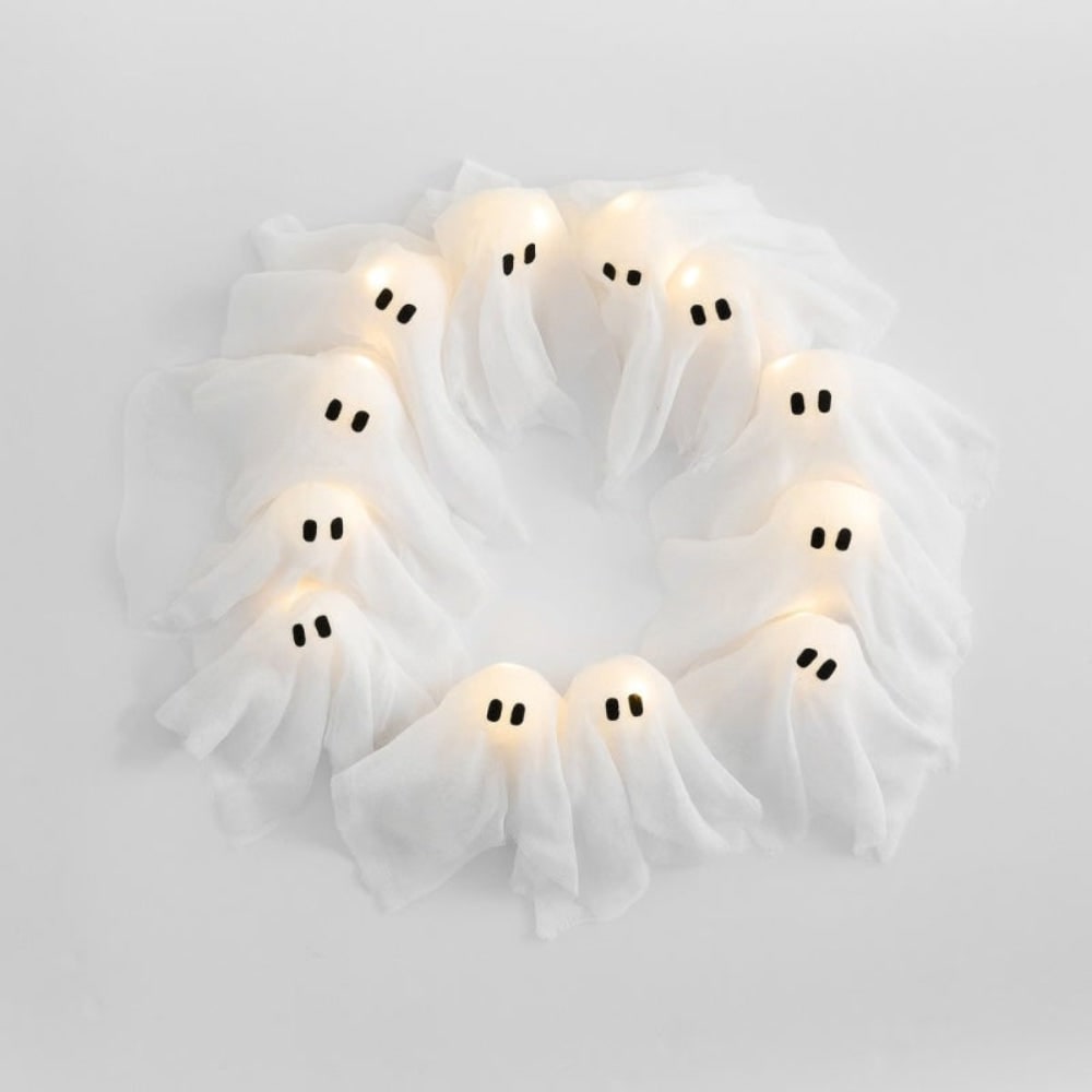 Halloween Decorations Outdoor Ghost Wreath with Battery LED Lights for Front Door 12 Gauze Figures