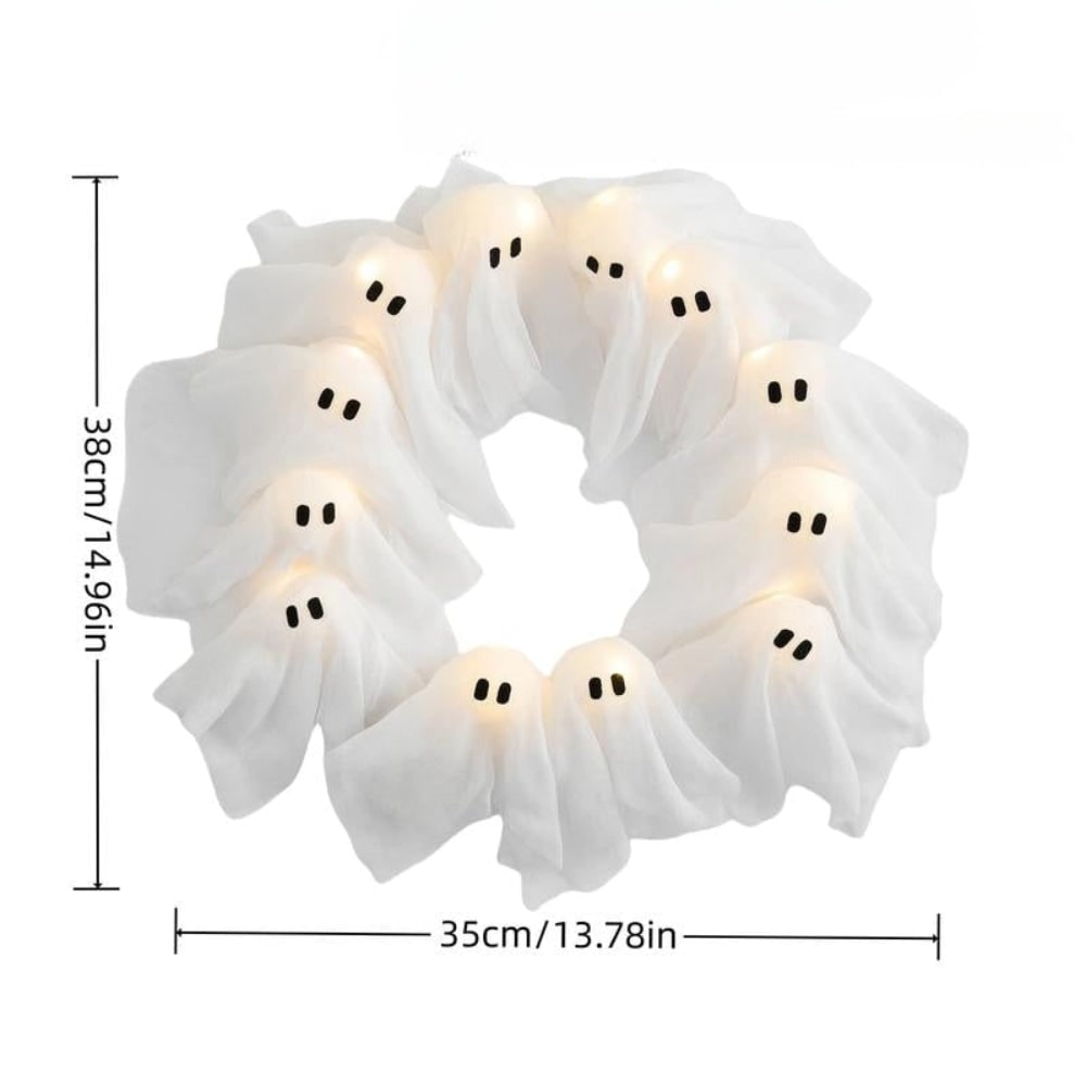 Halloween Decorations Outdoor Ghost Wreath with Battery LED Lights for Front Door 12 Gauze Figures