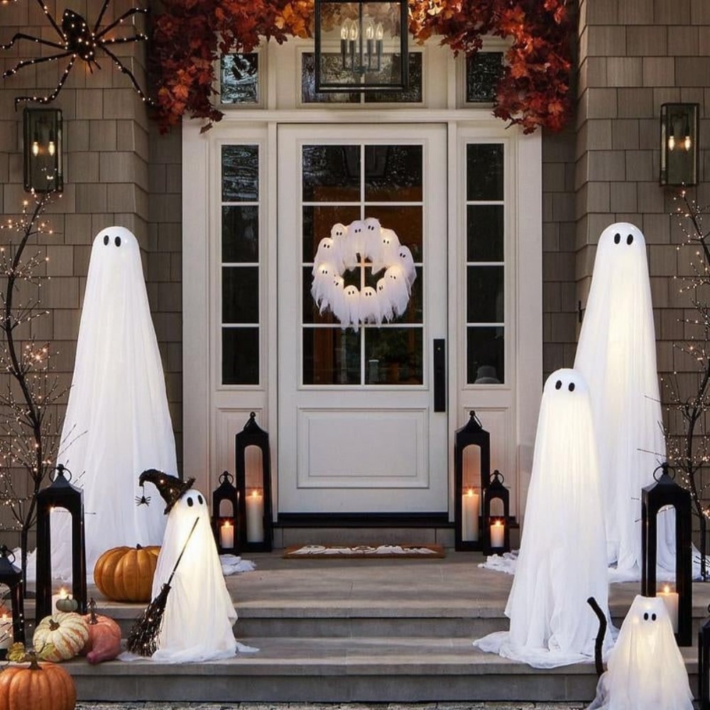 Halloween Decorations Outdoor Ghost Wreath with Battery LED Lights for Front Door 12 Gauze Figures