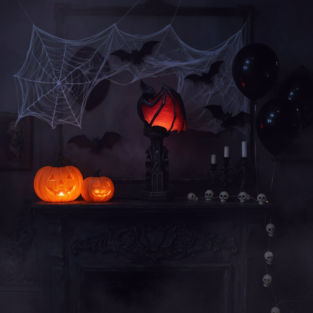 LED Light Table Lamp for Halloween Battery Powered Cordless Gothic Bat with Red Wings