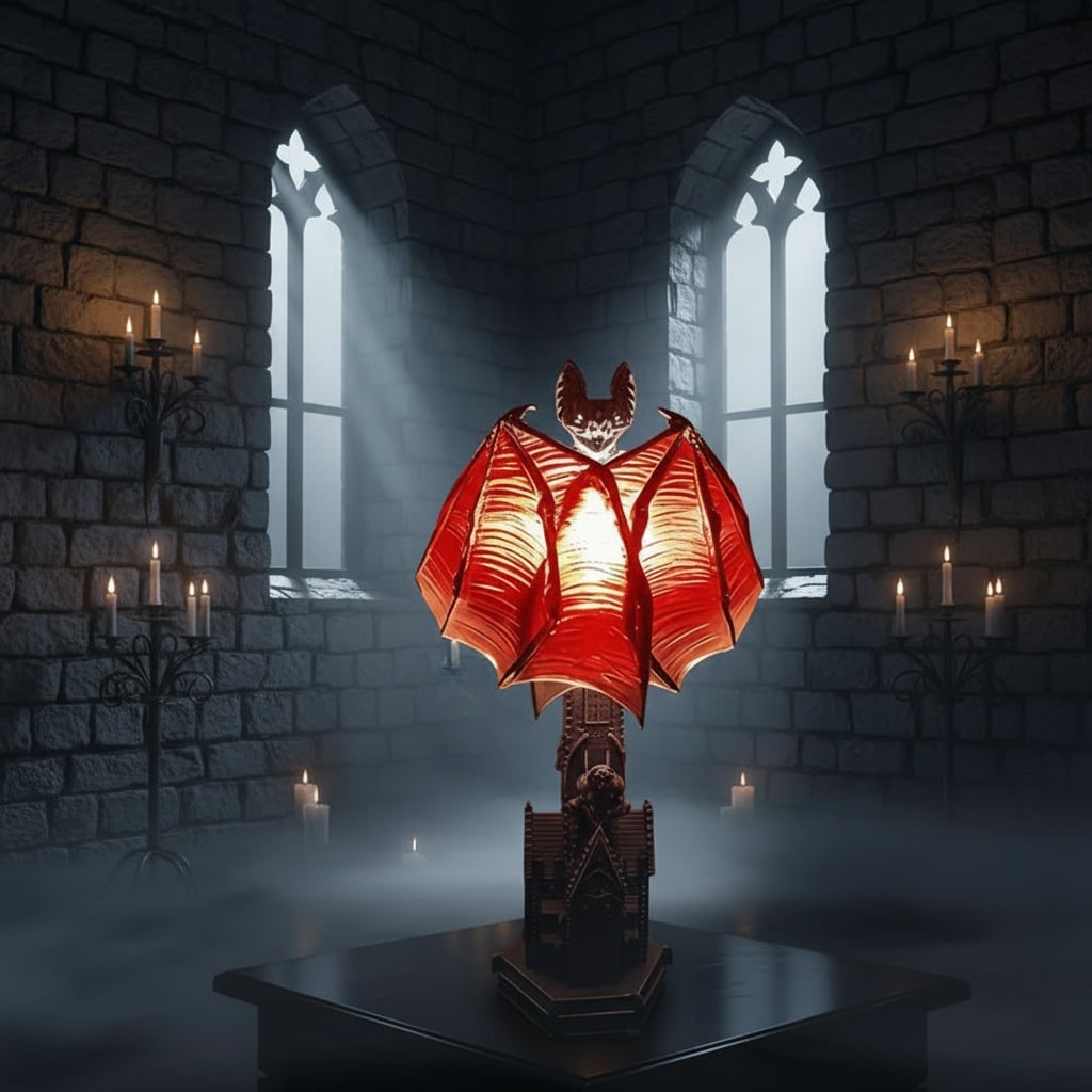 LED Light Table Lamp for Halloween Battery Powered Cordless Gothic Bat with Red Wings