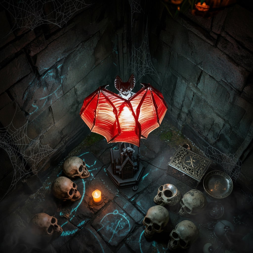LED Light Table Lamp for Halloween Battery Powered Cordless Gothic Bat with Red Wings
