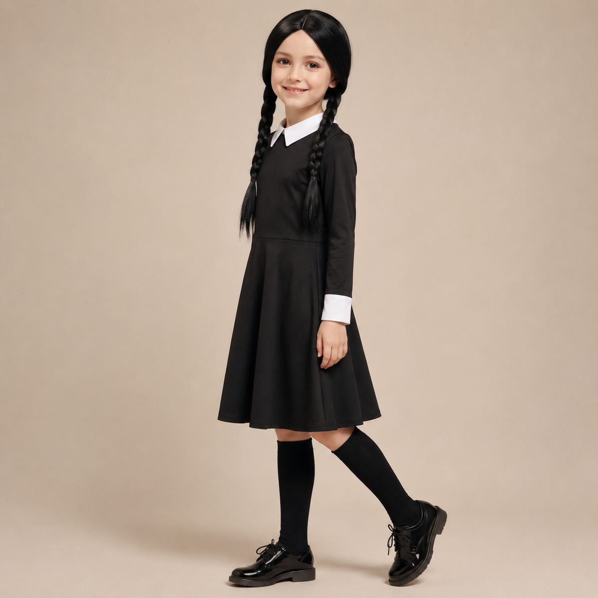 Halloween Outfits Gothic Schoolgirl Dress with White Pointed Collar and Braided Wig