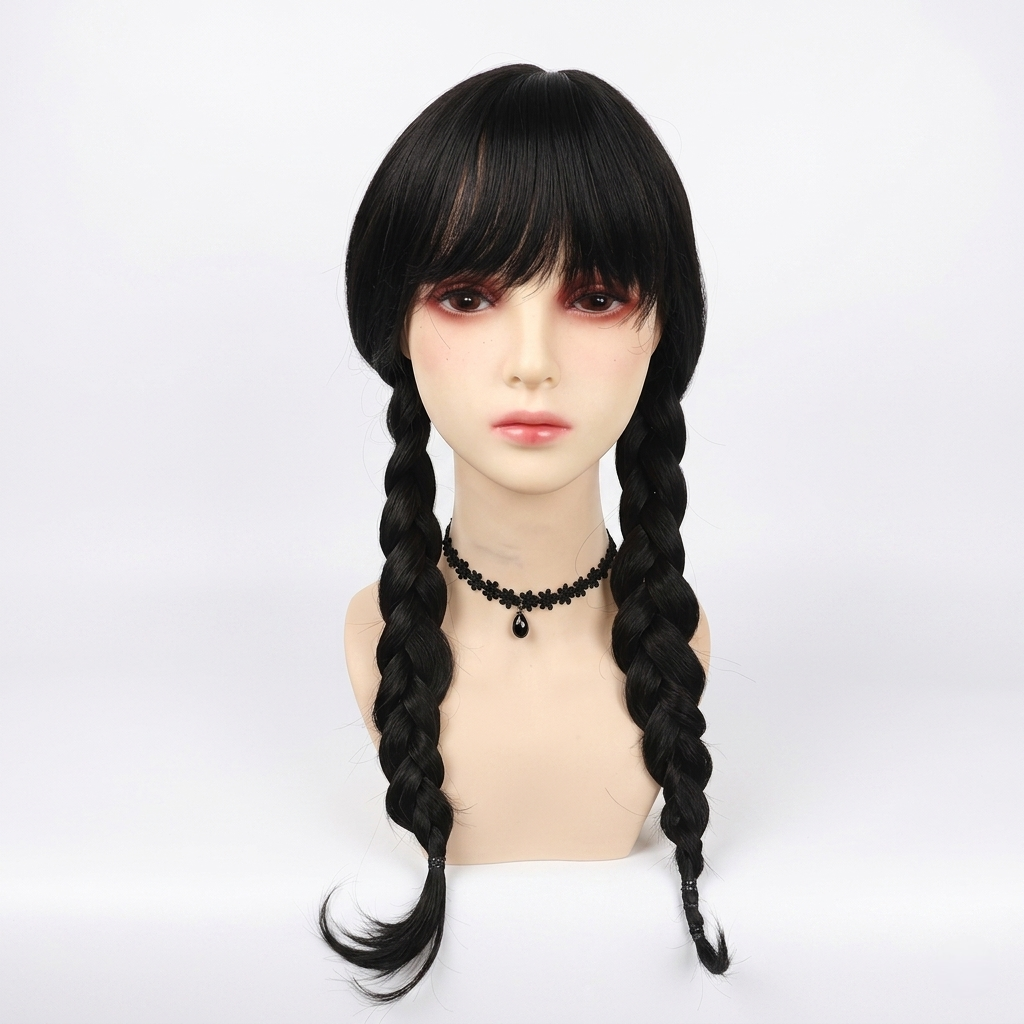 Halloween Outfits Gothic Schoolgirl Dress with White Pointed Collar and Braided Wig