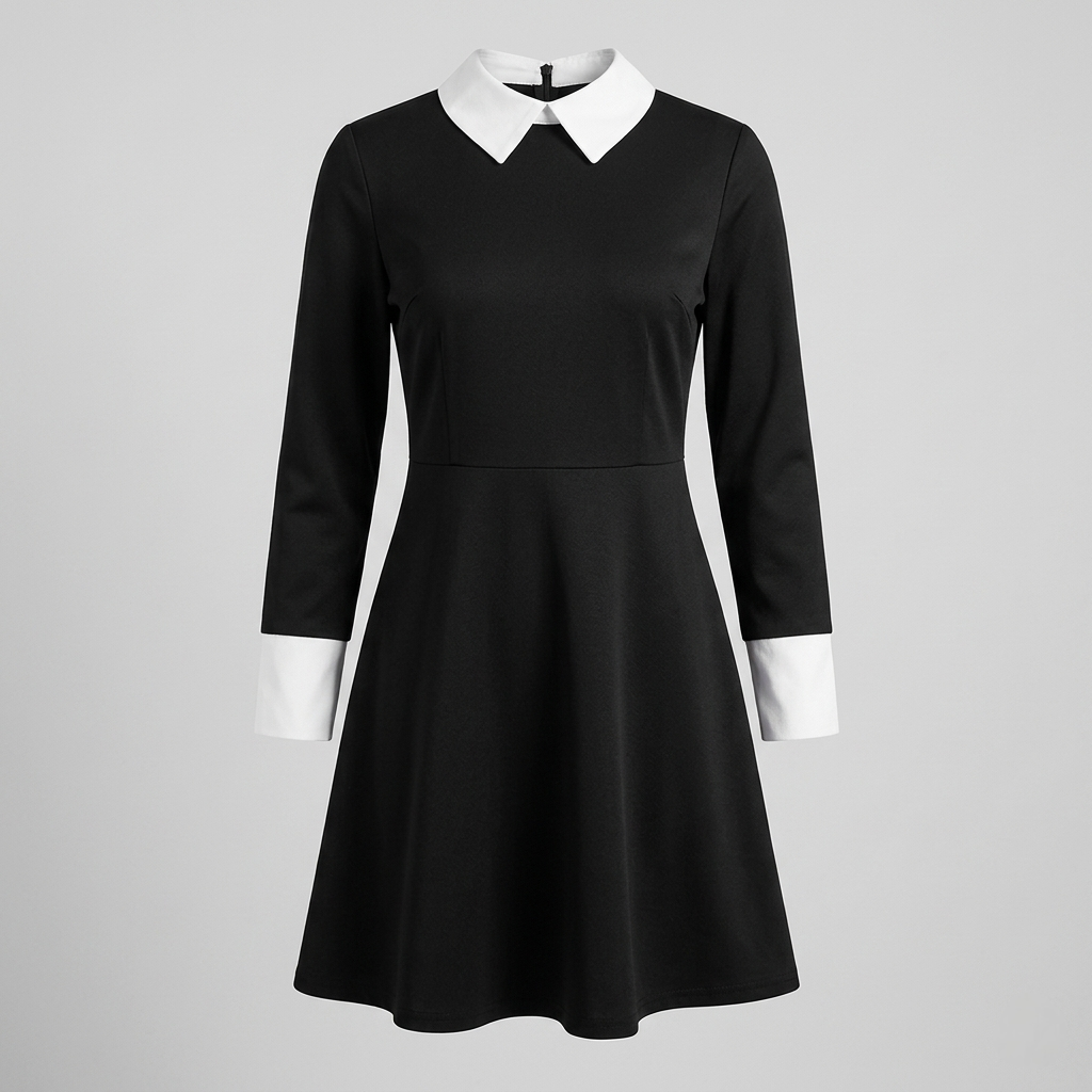 Halloween Outfits Gothic Schoolgirl Dress with White Pointed Collar and Braided Wig