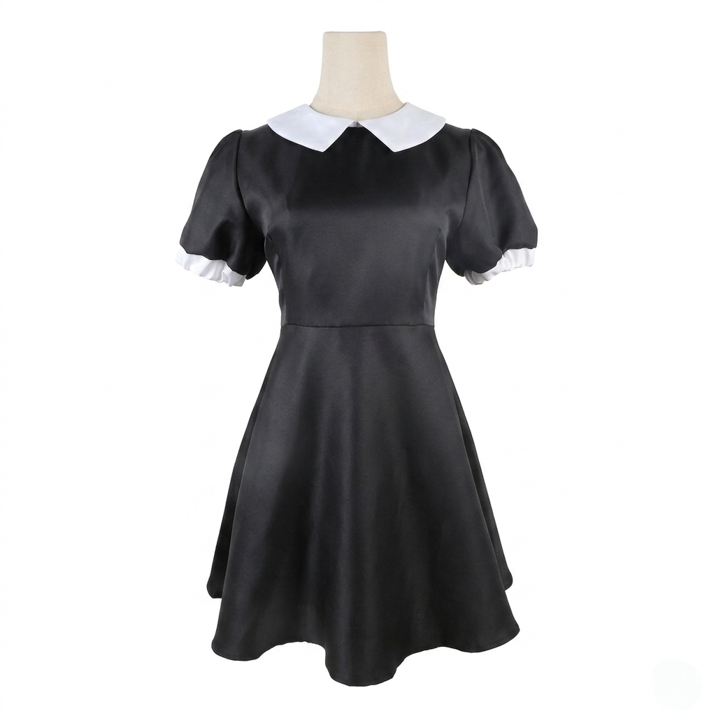 Halloween Outfits Gothic Schoolgirl Dress with White Pointed Collar and Braided Wig