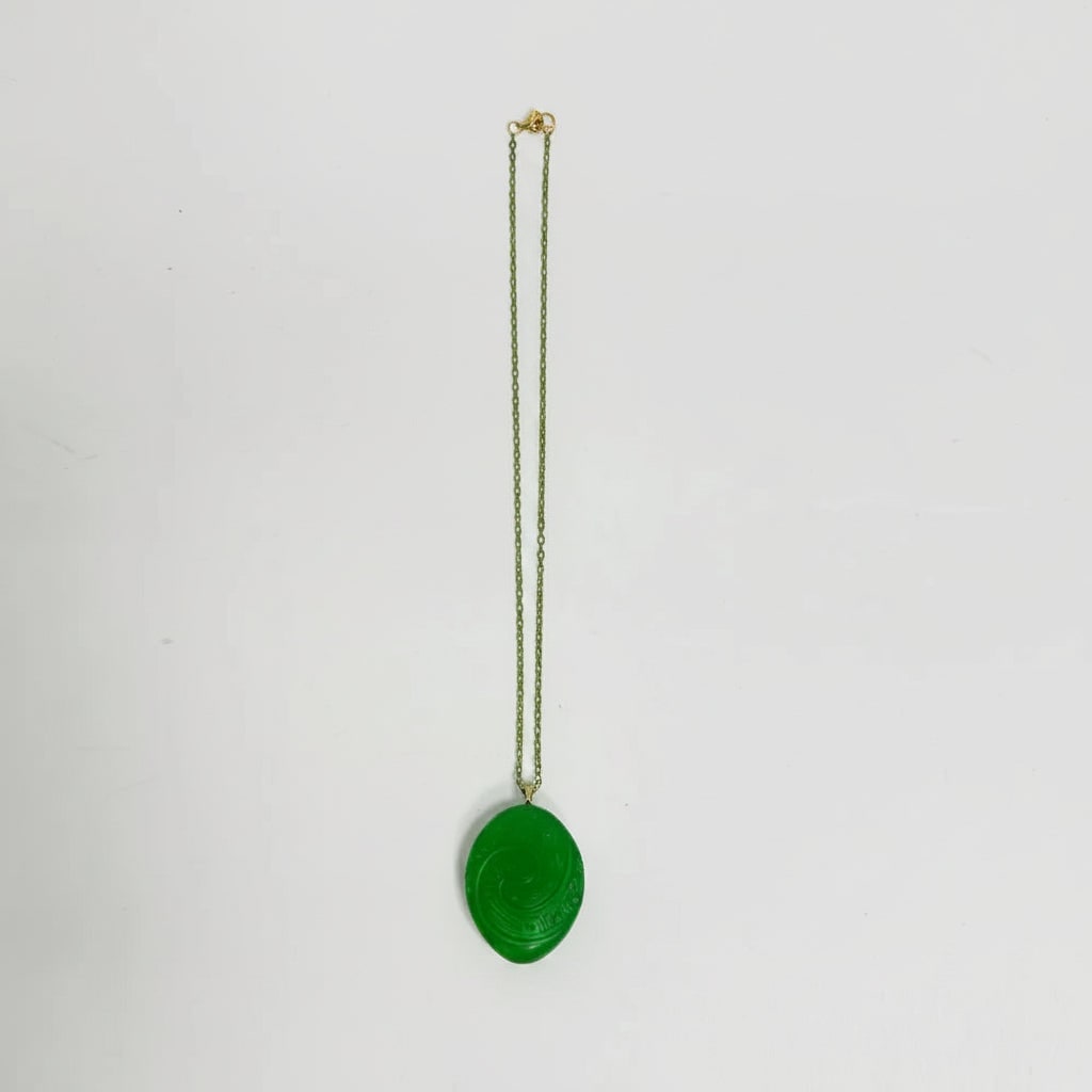 Glow in the Dark Green Jade Stone Necklace with Large Carved Resin Pendant