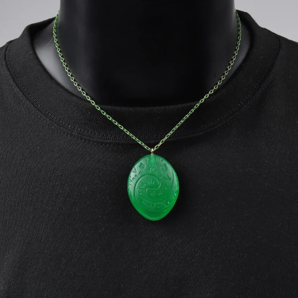 Glow in the Dark Green Jade Stone Necklace with Large Carved Resin Pendant