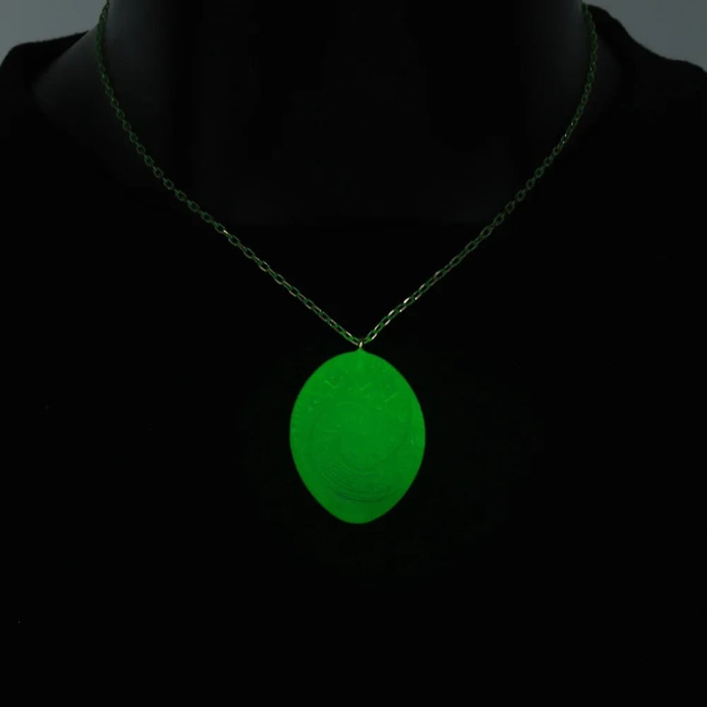 Glow in the Dark Green Jade Stone Necklace with Large Carved Resin Pendant