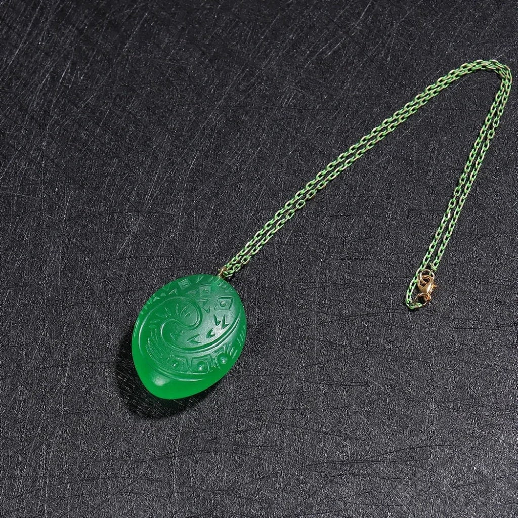 Glow in the Dark Green Jade Stone Necklace with Large Carved Resin Pendant