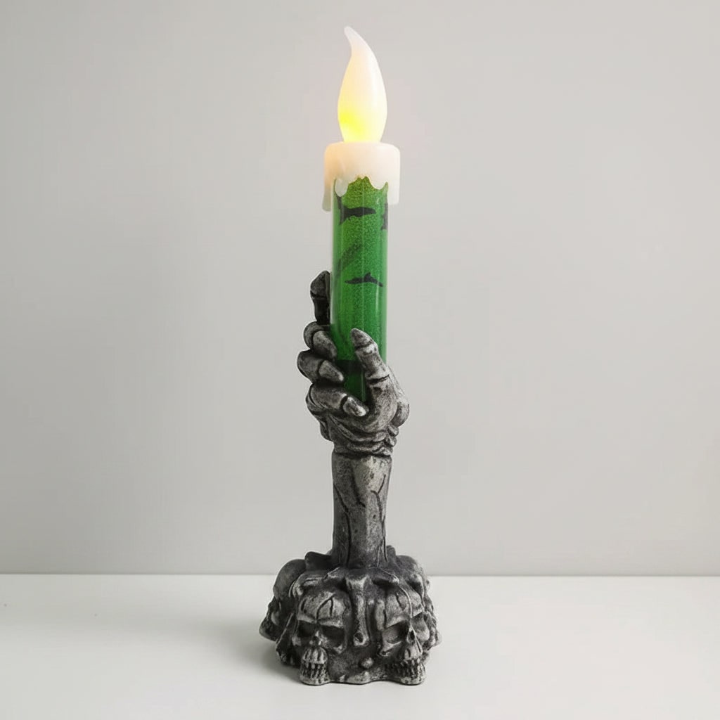 Halloween Skeleton Hand Candle Holder with Battery LED Flame and Soy Wax Pillar
