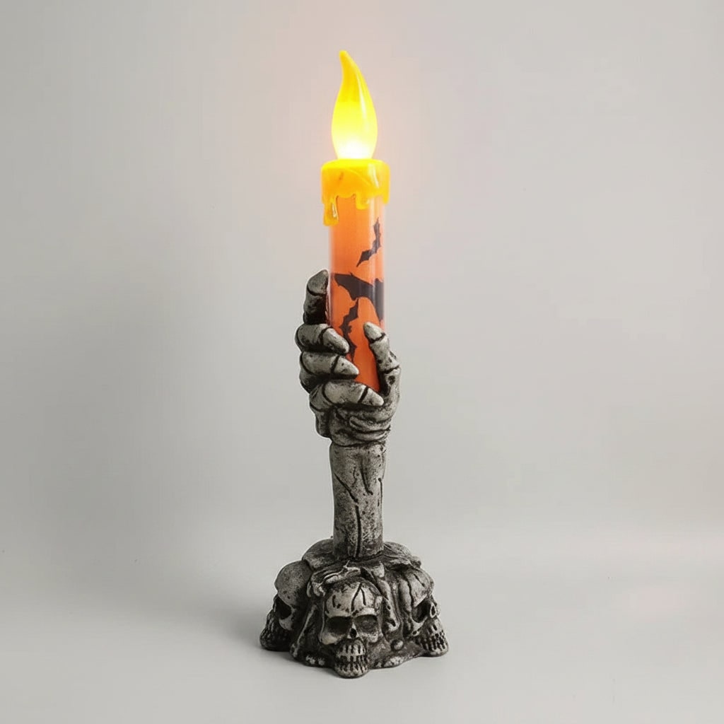 Halloween Skeleton Hand Candle Holder with Battery LED Flame and Soy Wax Pillar