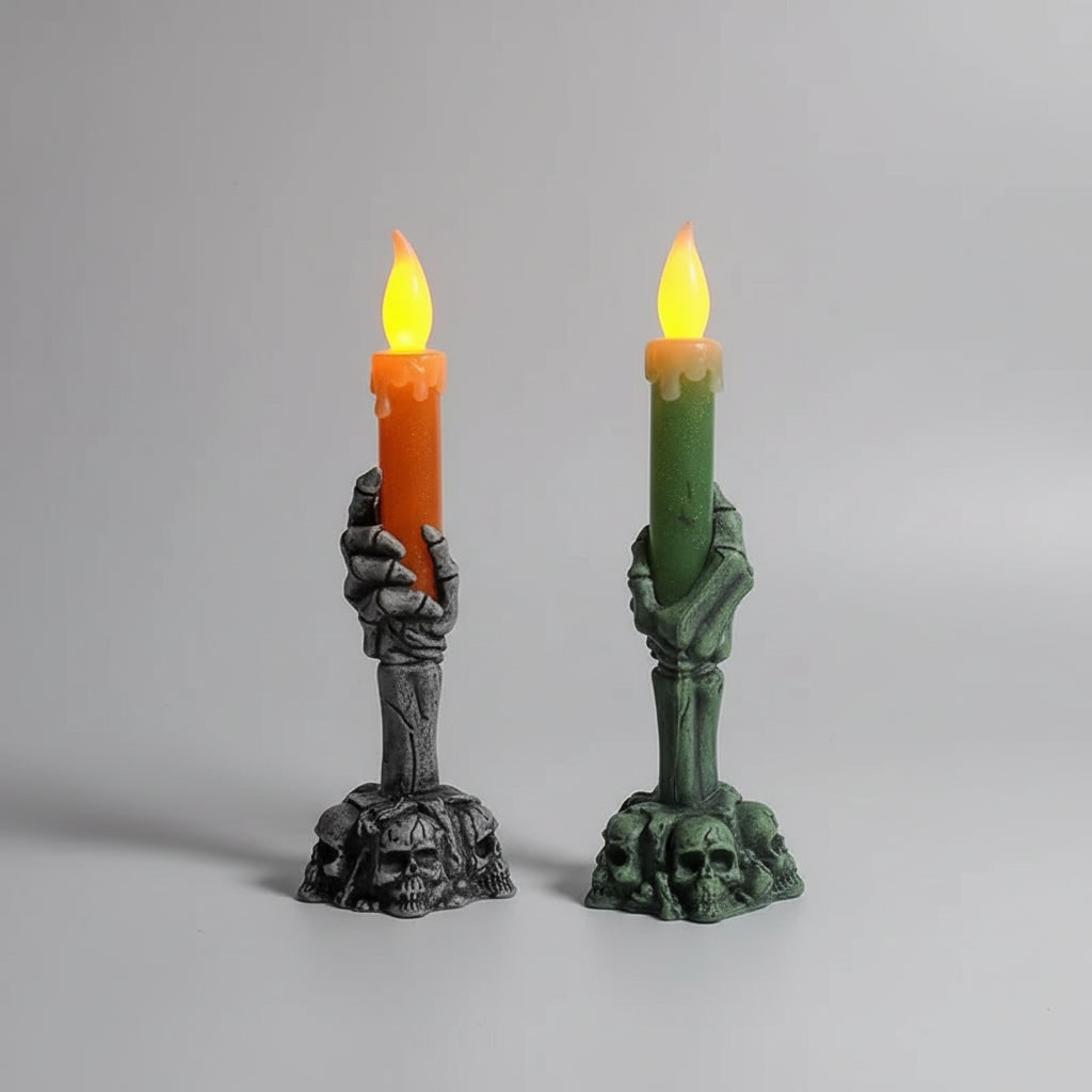 Halloween Skeleton Hand Candle Holder with Battery LED Flame and Soy Wax Pillar