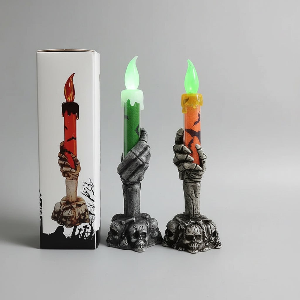 Halloween Skeleton Hand Candle Holder with Battery LED Flame and Soy Wax Pillar