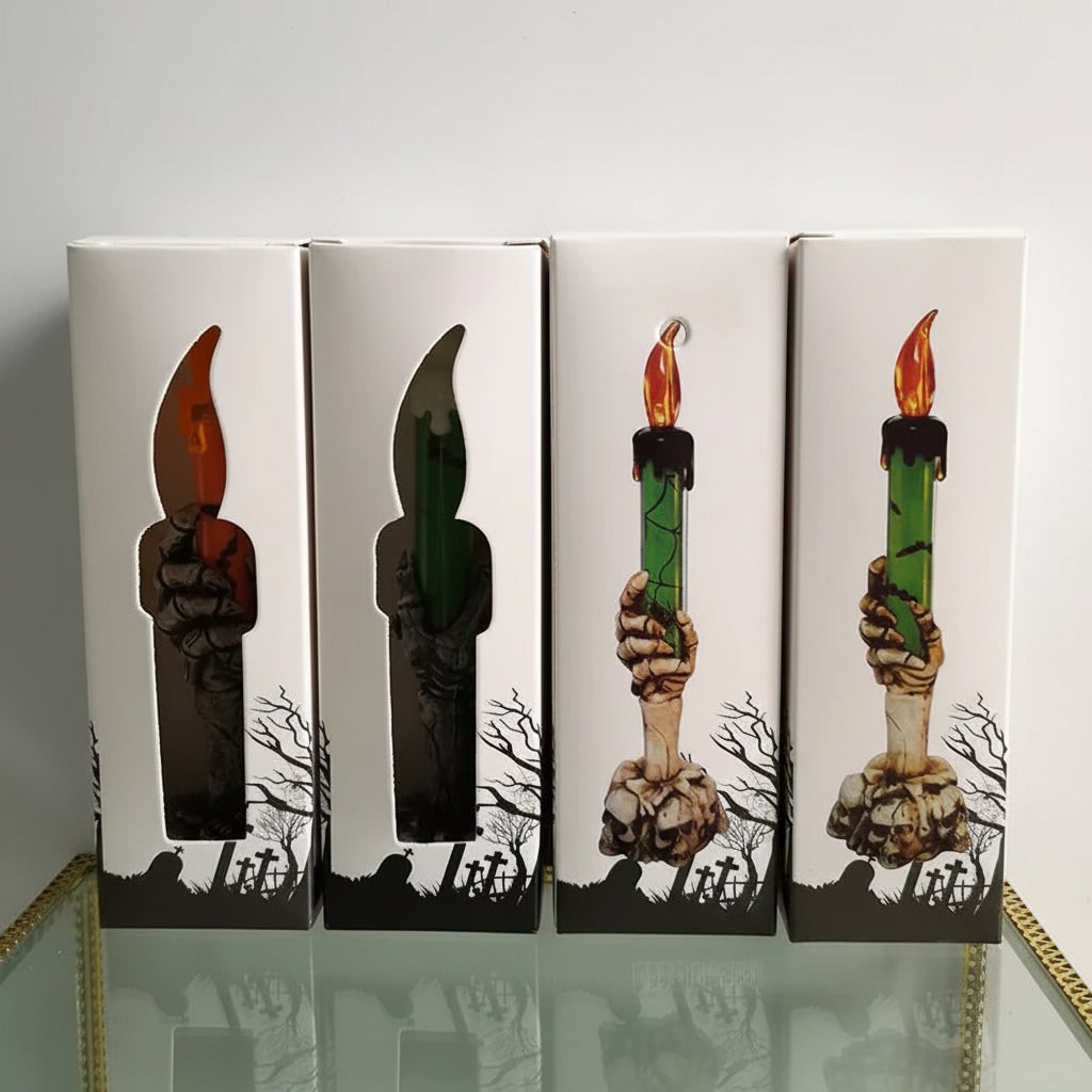 Halloween Skeleton Hand Candle Holder with Battery LED Flame and Soy Wax Pillar