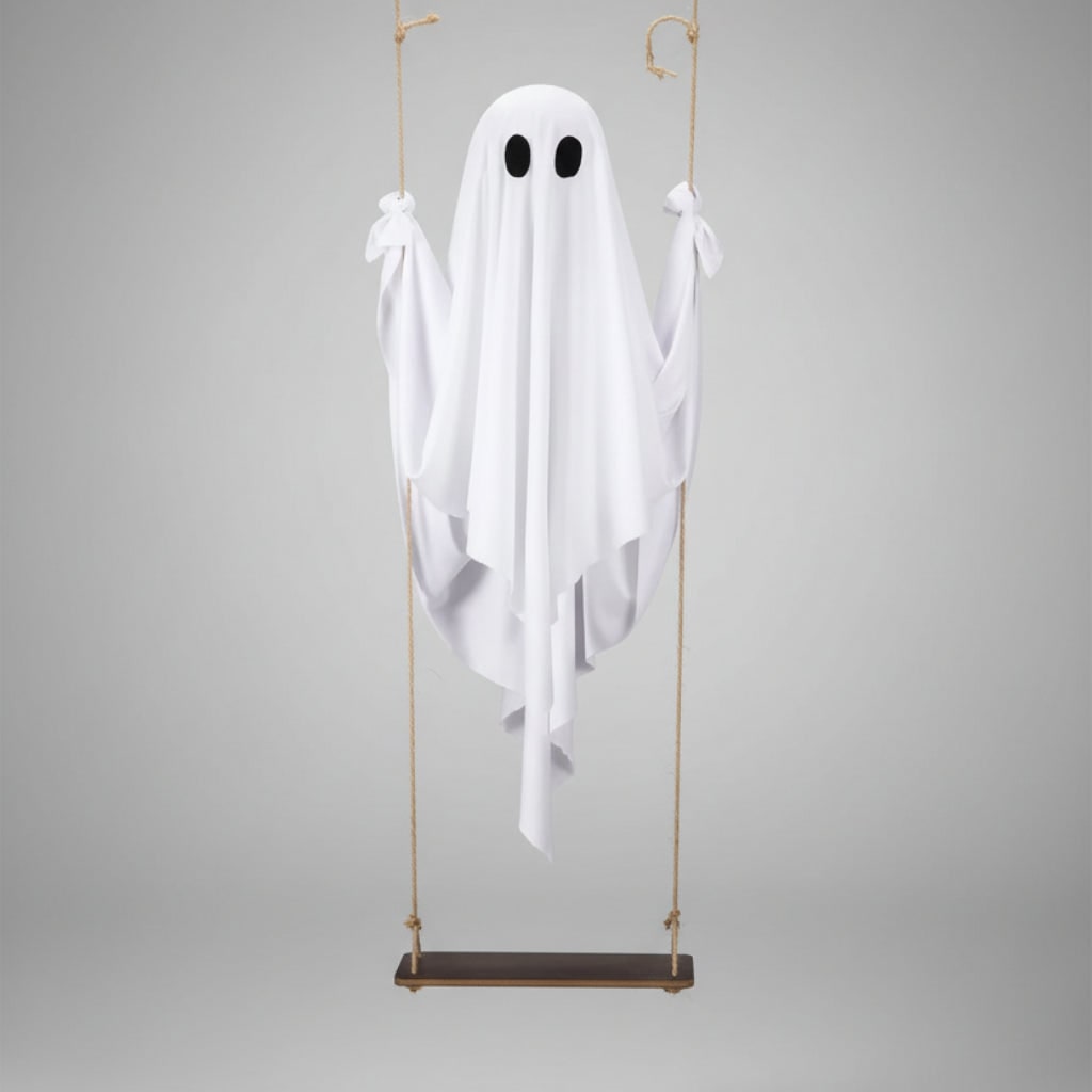 Hanging Ghost Halloween Decorations Outdoor with Warm LED Light and Rope Swing