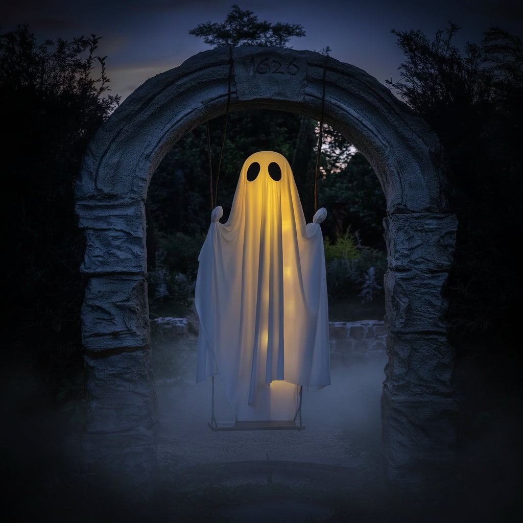 Hanging Ghost Halloween Decorations Outdoor with Warm LED Light and Rope Swing