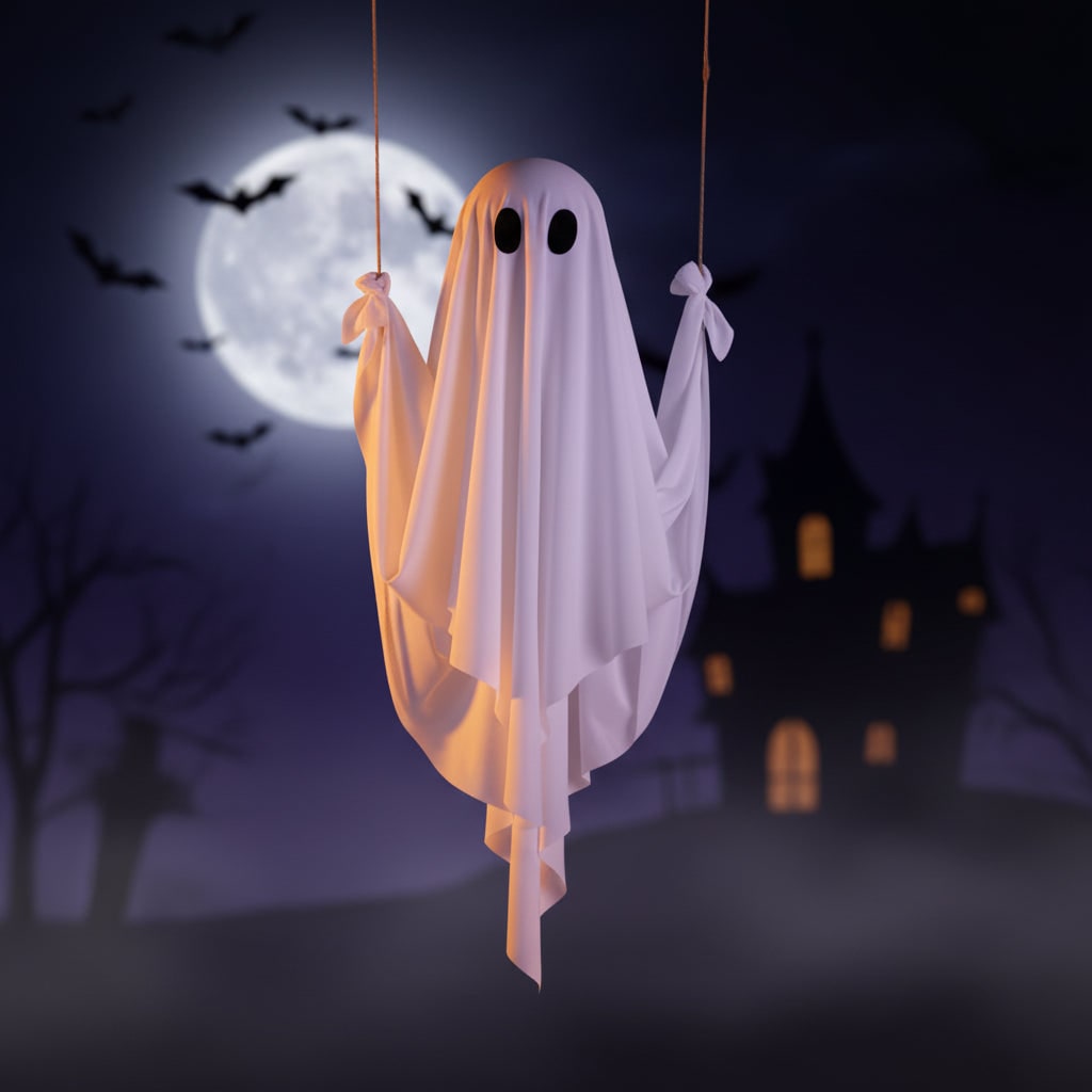 Hanging Ghost Halloween Decorations Outdoor with Warm LED Light and Rope Swing