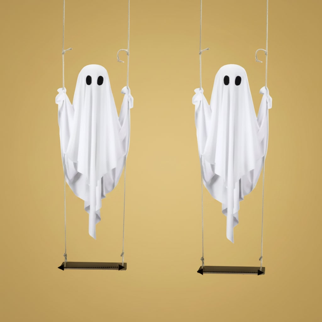 Hanging Ghost Halloween Decorations Outdoor with Warm LED Light and Rope Swing
