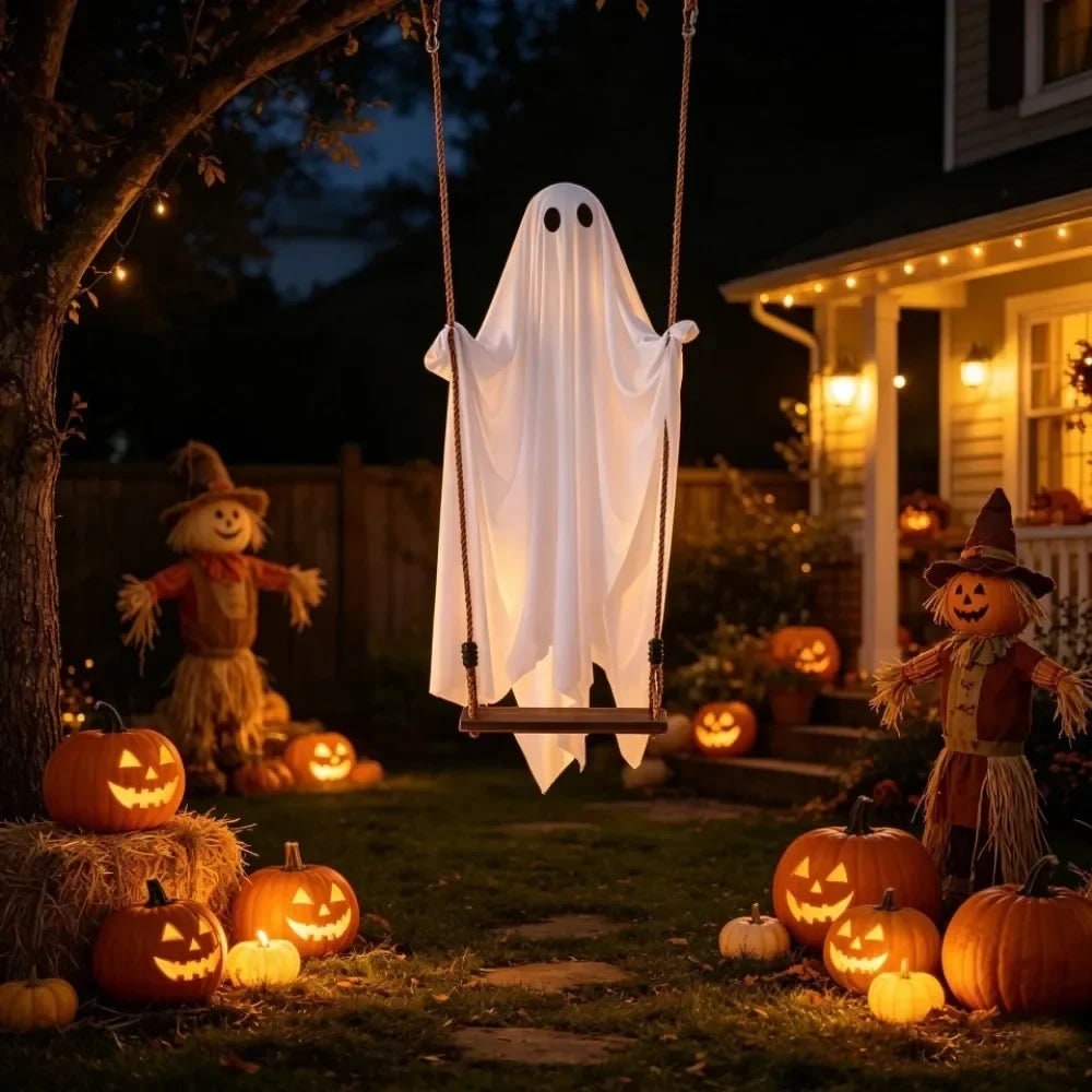 Halloween Decorations Outdoor Hanging Ghost Swing with Remote Control LED Lights for Yard Party