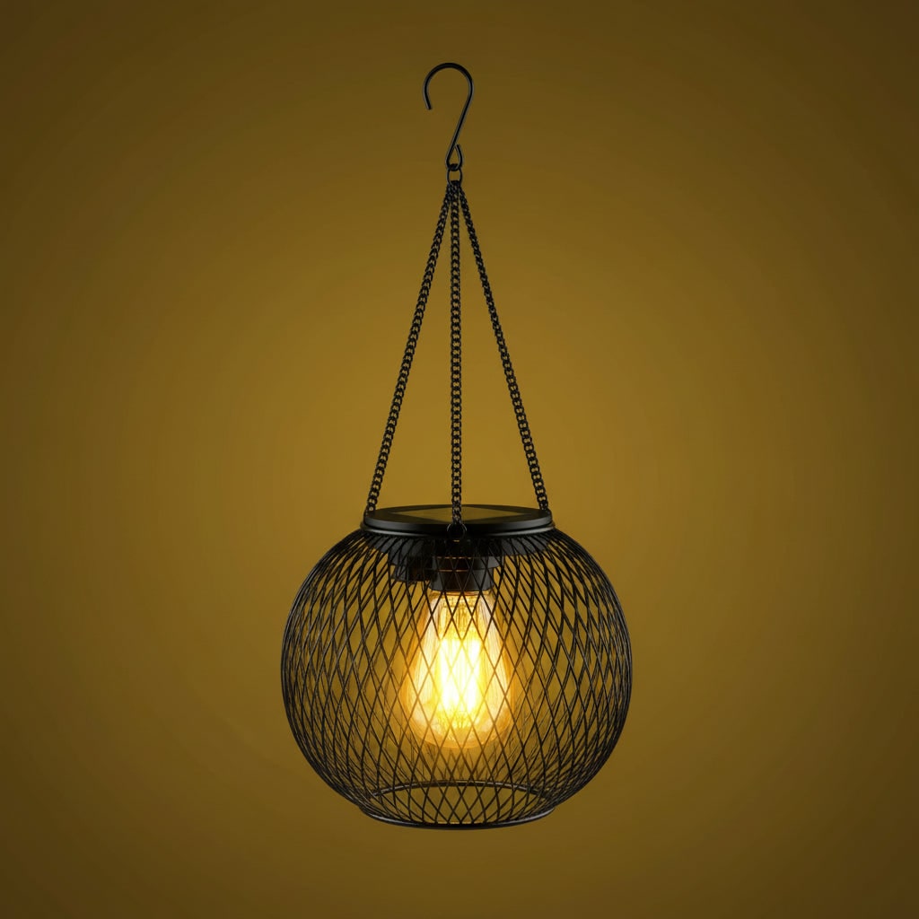 Solar Powered Outdoor Hanging Lantern with Wire Mesh Globe and Warm LED Light