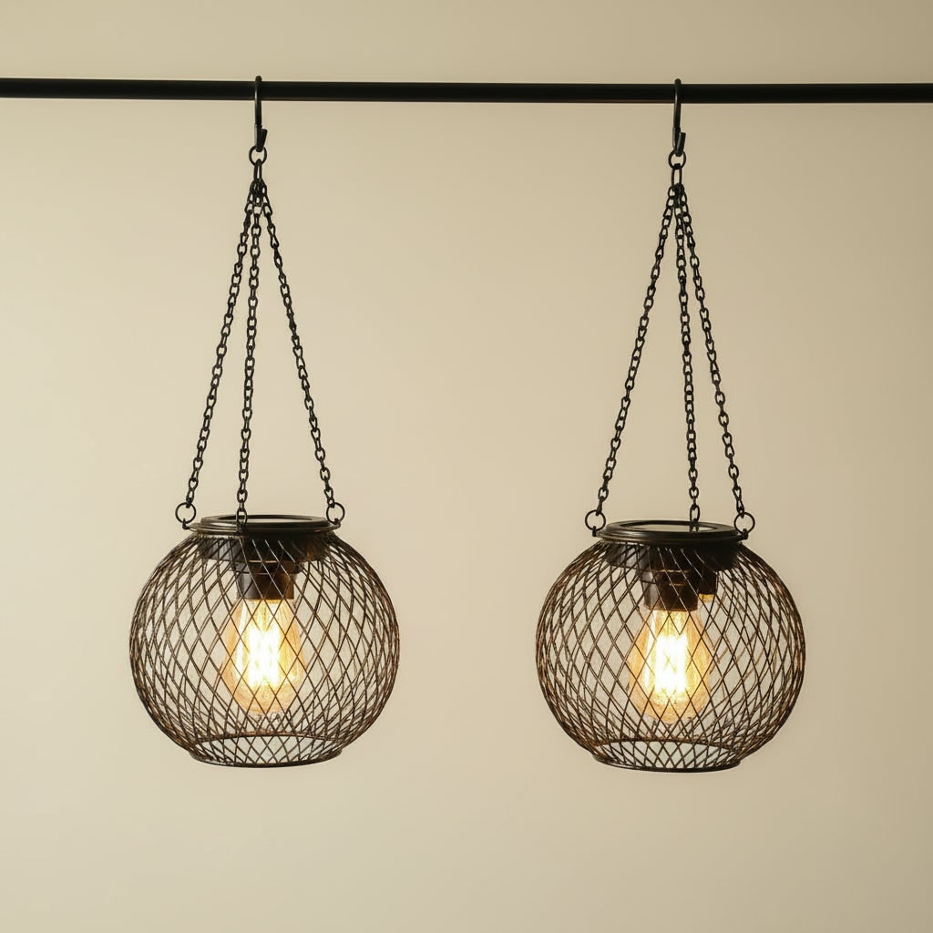 Solar Powered Outdoor Hanging Lantern with Wire Mesh Globe and Warm LED Light