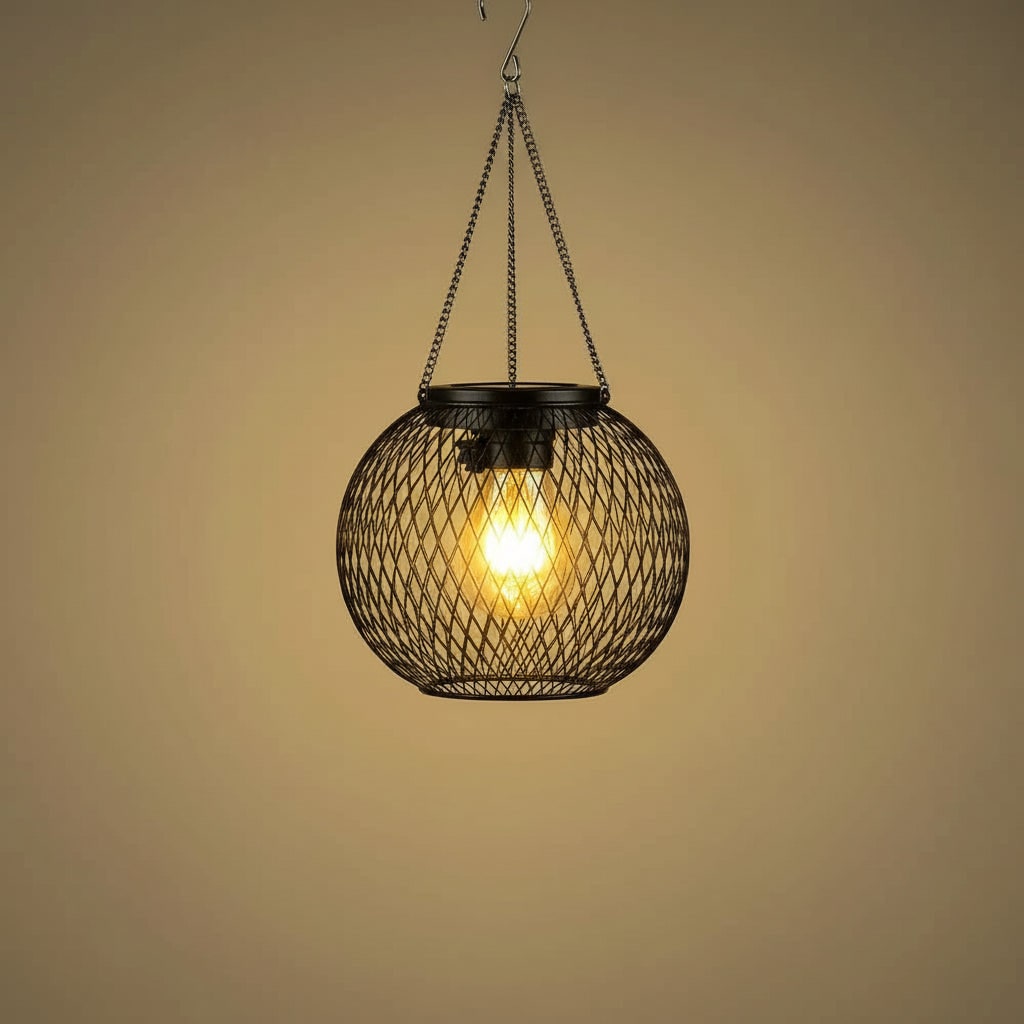 Solar Powered Outdoor Hanging Lantern with Wire Mesh Globe and Warm LED Light