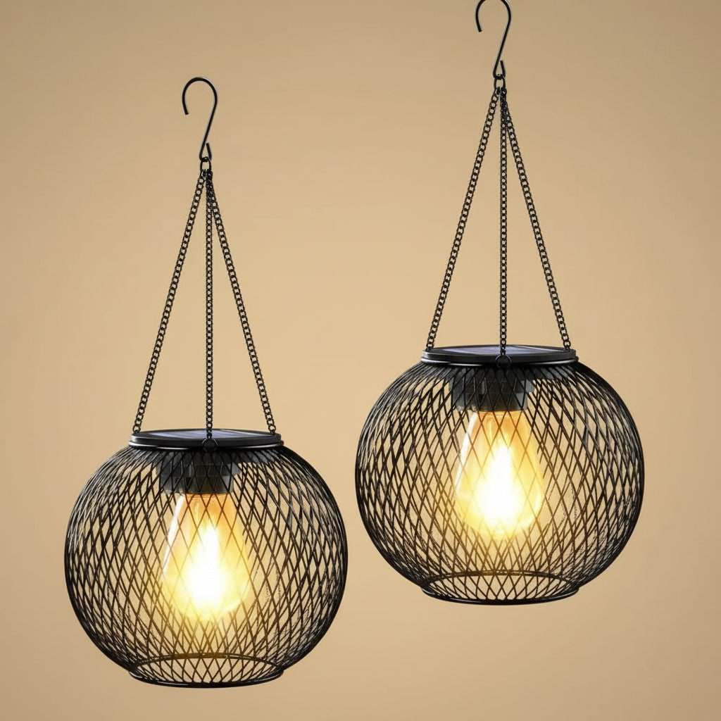 Solar Powered Outdoor Hanging Lantern with Wire Mesh Globe and Warm LED Light