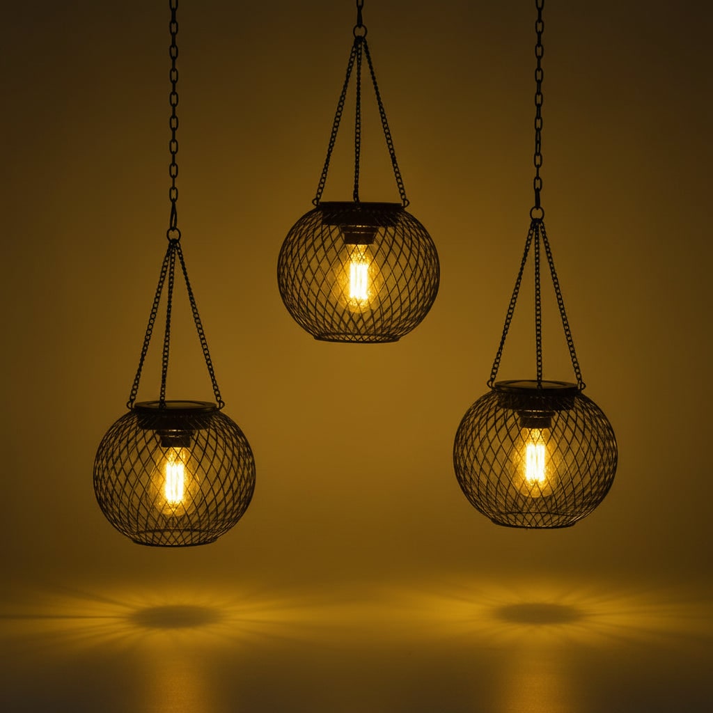 Solar Powered Outdoor Hanging Lantern with Wire Mesh Globe and Warm LED Light