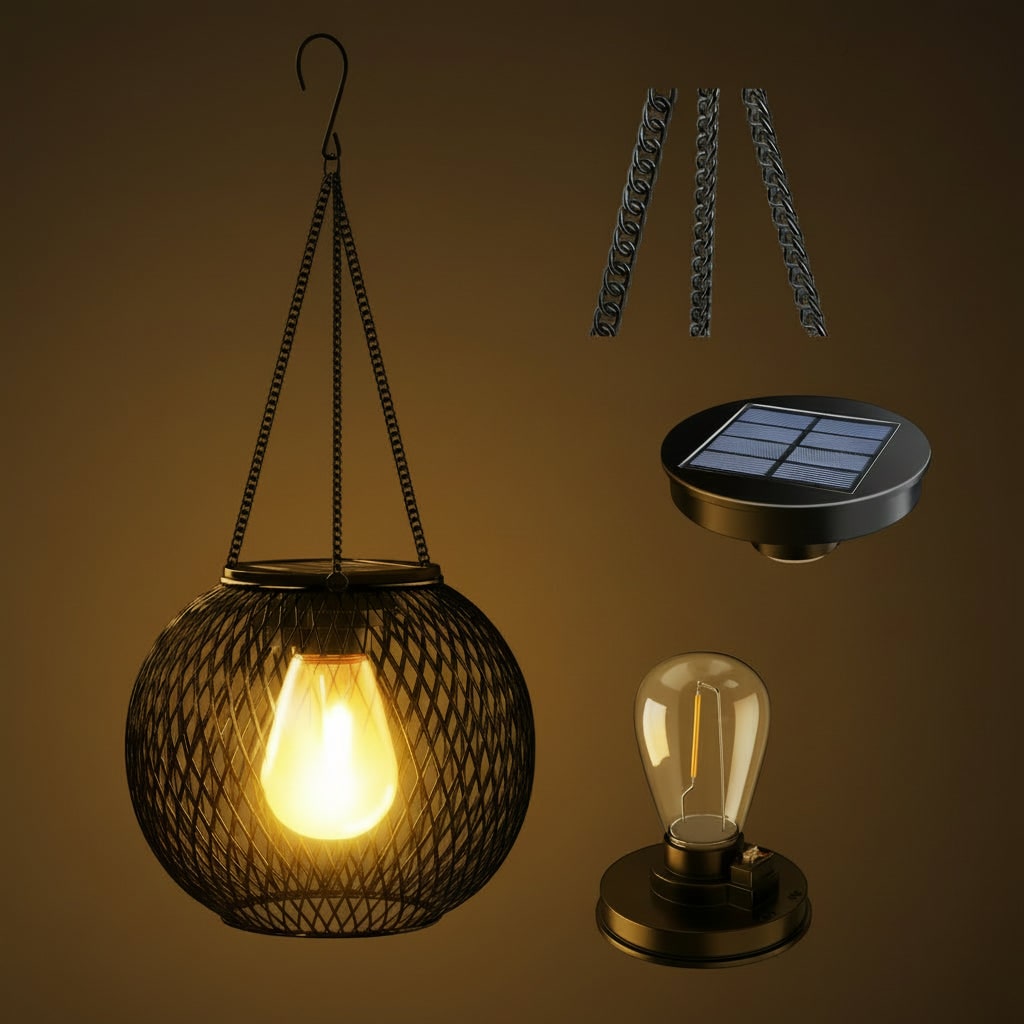 Solar Powered Outdoor Hanging Lantern with Wire Mesh Globe and Warm LED Light