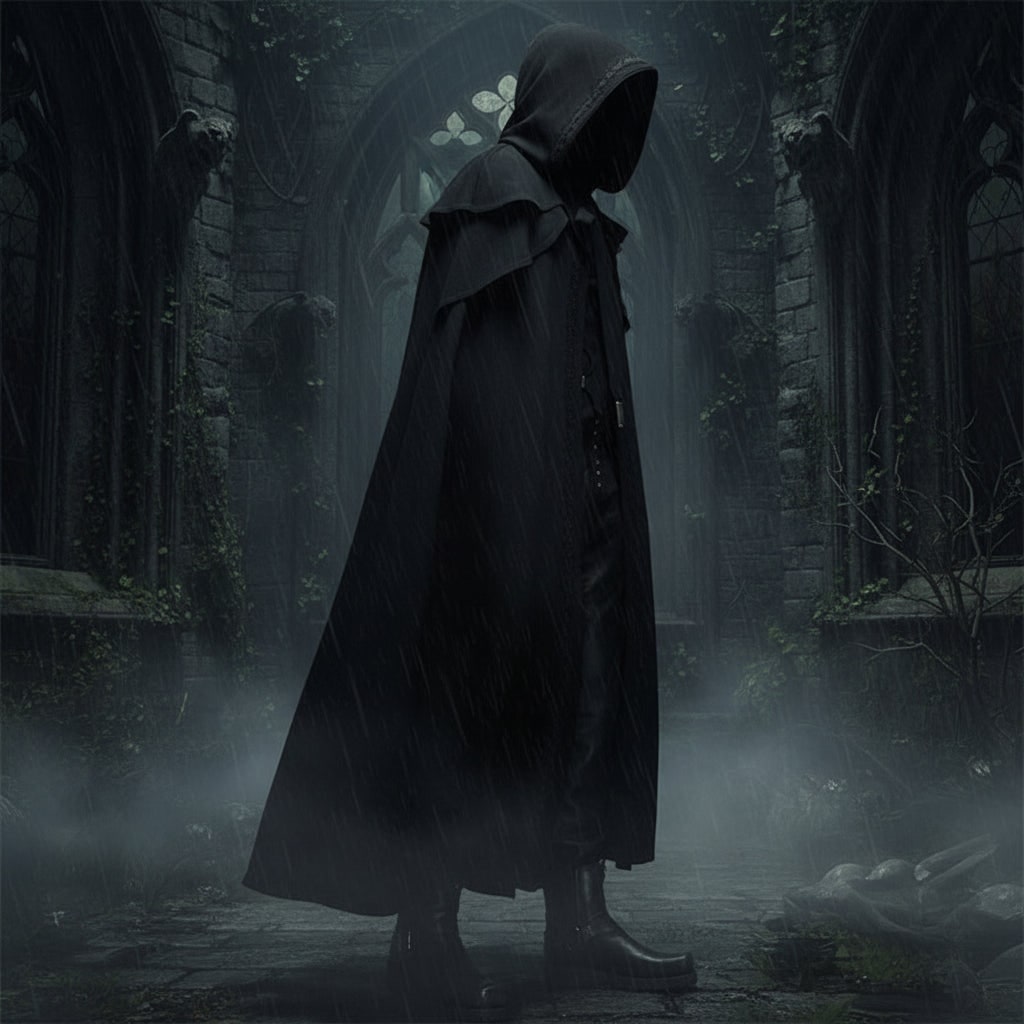 Witch Halloween Costume Hooded Cloak with Shoulder Capelet Embroidered Trim Ankle Length
