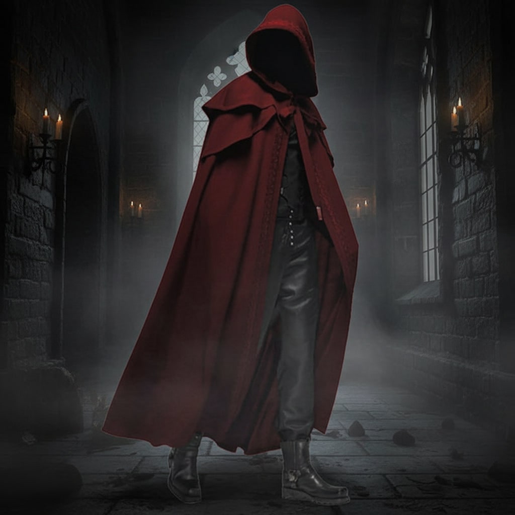 Witch Halloween Costume Hooded Cloak with Shoulder Capelet Embroidered Trim Ankle Length