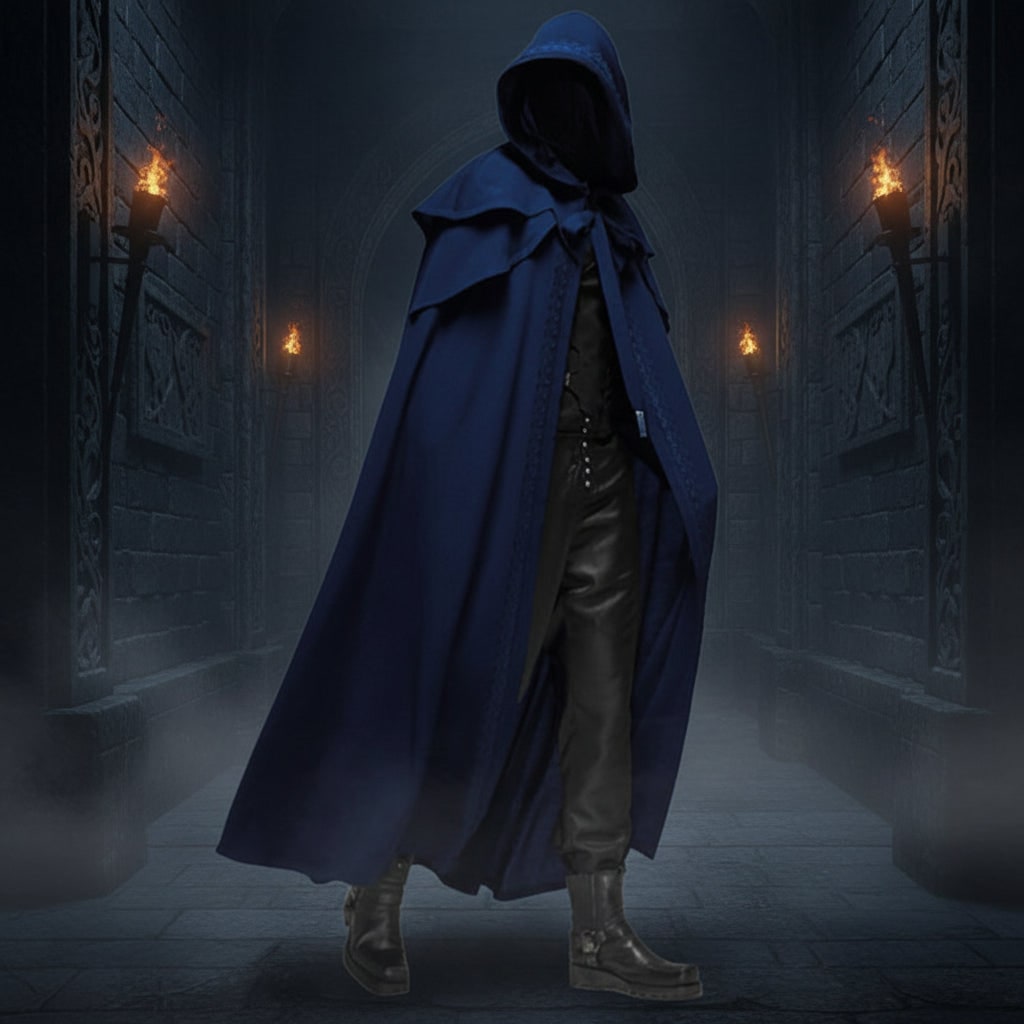 Witch Halloween Costume Hooded Cloak with Shoulder Capelet Embroidered Trim Ankle Length