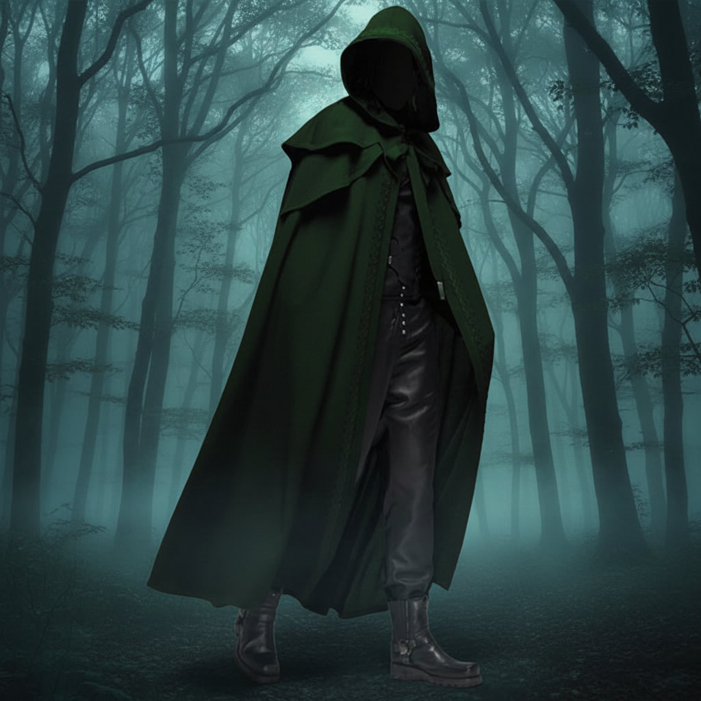 Witch Halloween Costume Hooded Cloak with Shoulder Capelet Embroidered Trim Ankle Length