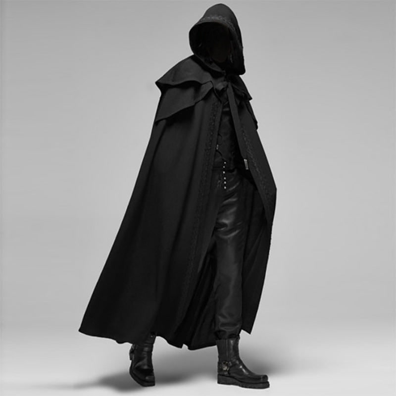 Gothic Halloween Costume Hooded Cloak with Shoulder Capelet and Decorative Trim