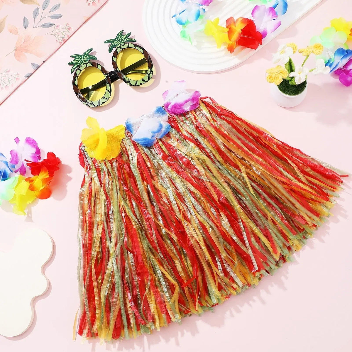 Matching Halloween Costumes Hula Grass Skirt Set with Flower Lei and Pineapple Sunglasses