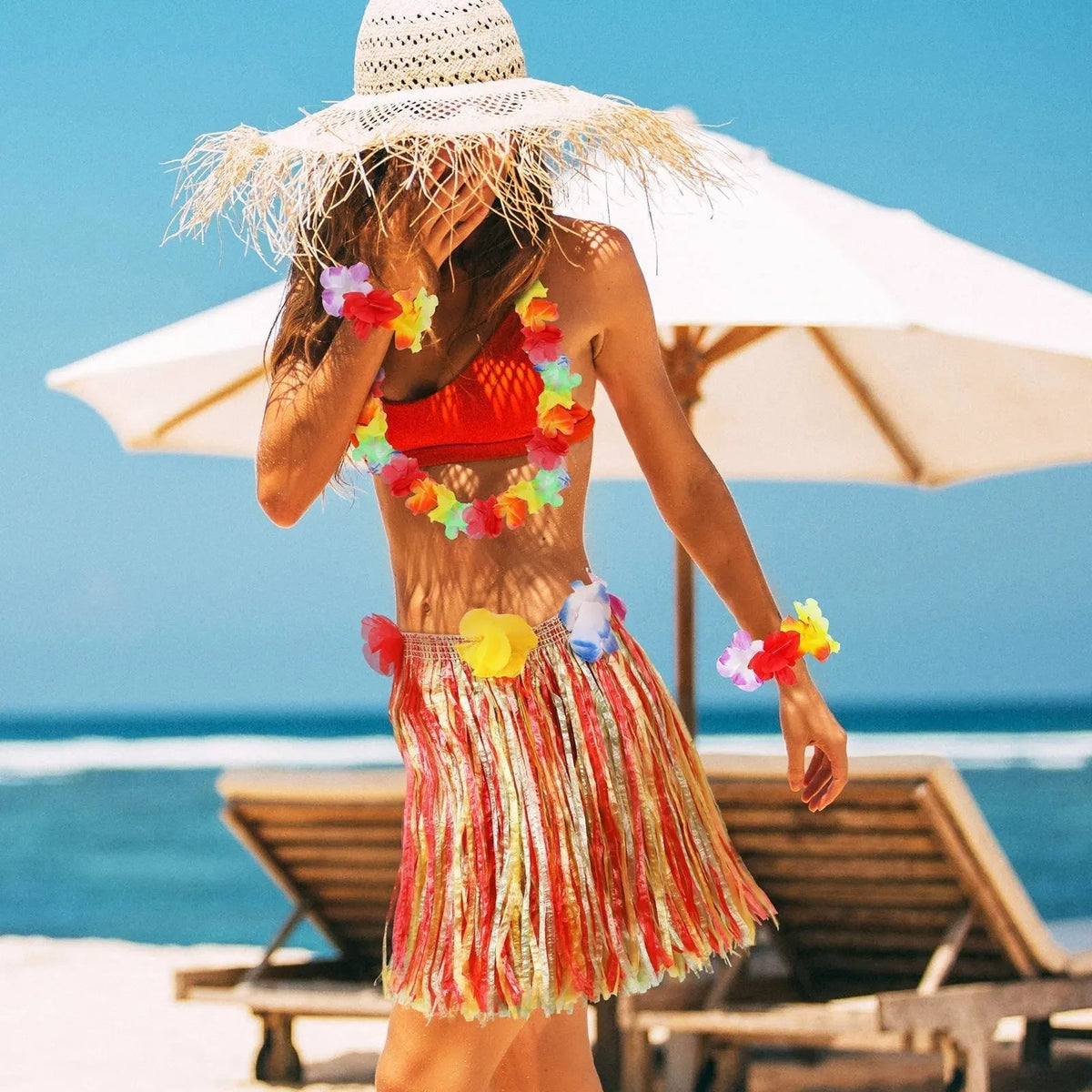 Matching Halloween Costumes Hula Grass Skirt Set with Flower Lei and Pineapple Sunglasses