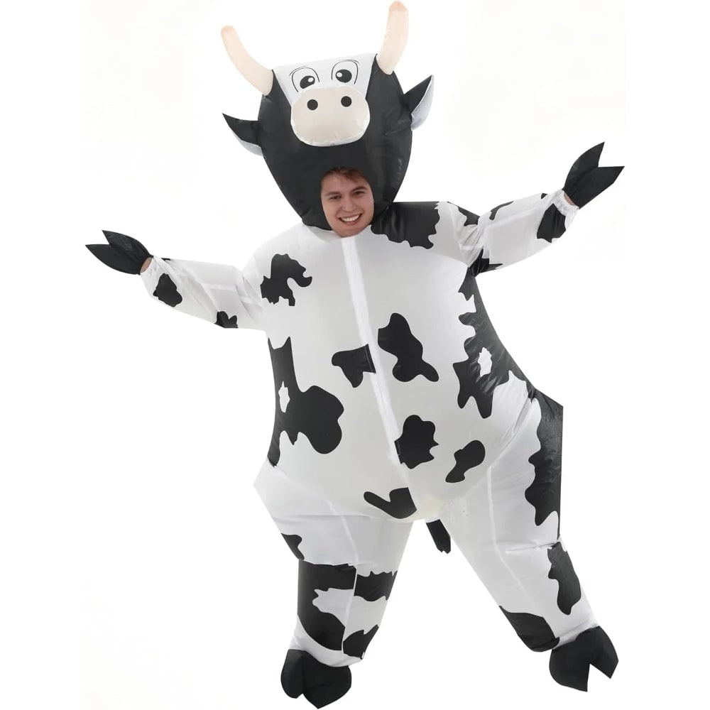 Inflatable Halloween Costumes Blow Up Cow Suit with Hoof Covers and Built-In Fan for Adults