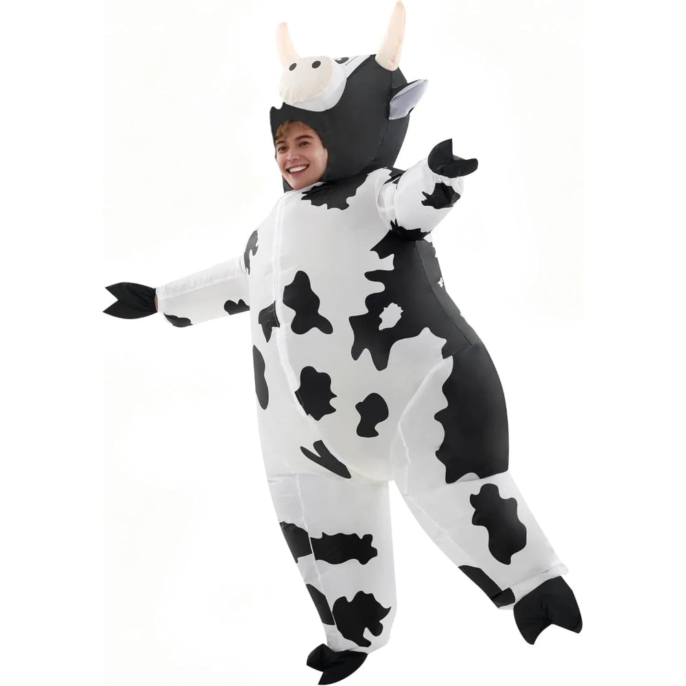 Inflatable Halloween Costumes Blow Up Cow Suit with Hoof Covers and Built-In Fan for Adults
