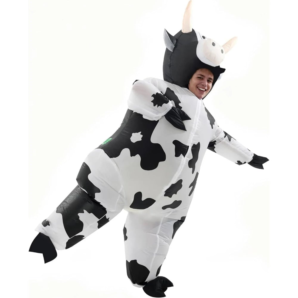 Inflatable Halloween Costumes Blow Up Cow Suit with Hoof Covers and Built-In Fan for Adults