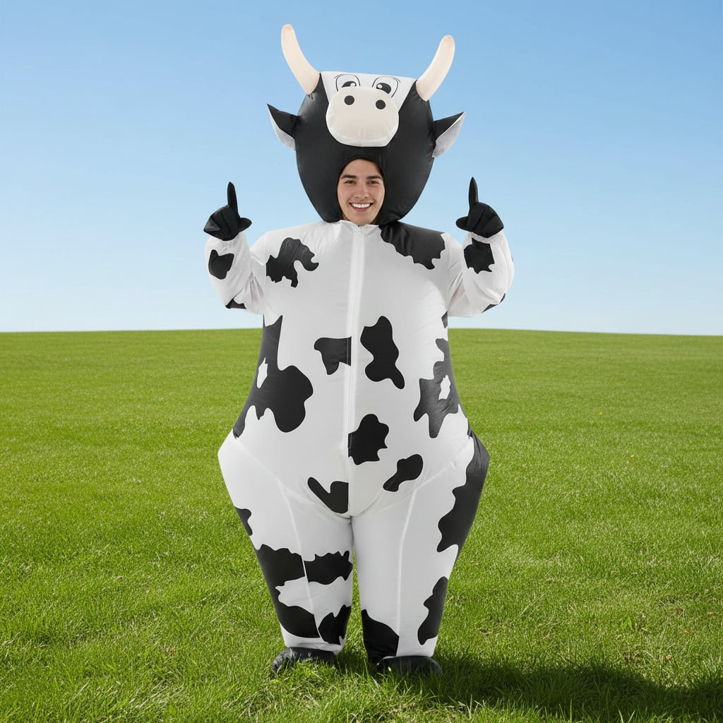 Inflatable Cow Costume with Open Face Hood and Hoof Covers for Funny Animal Dress Up