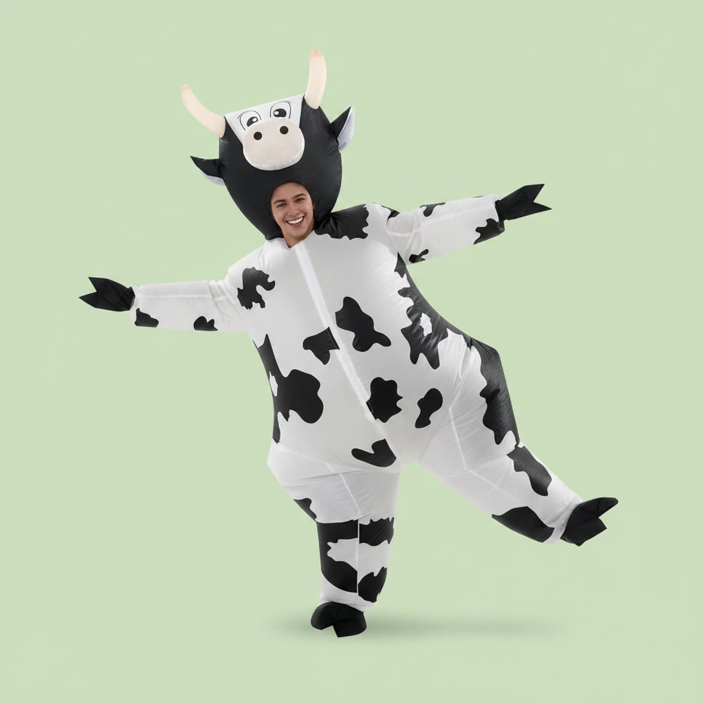 Inflatable Cow Costume with Open Face Hood and Hoof Covers for Funny Animal Dress Up