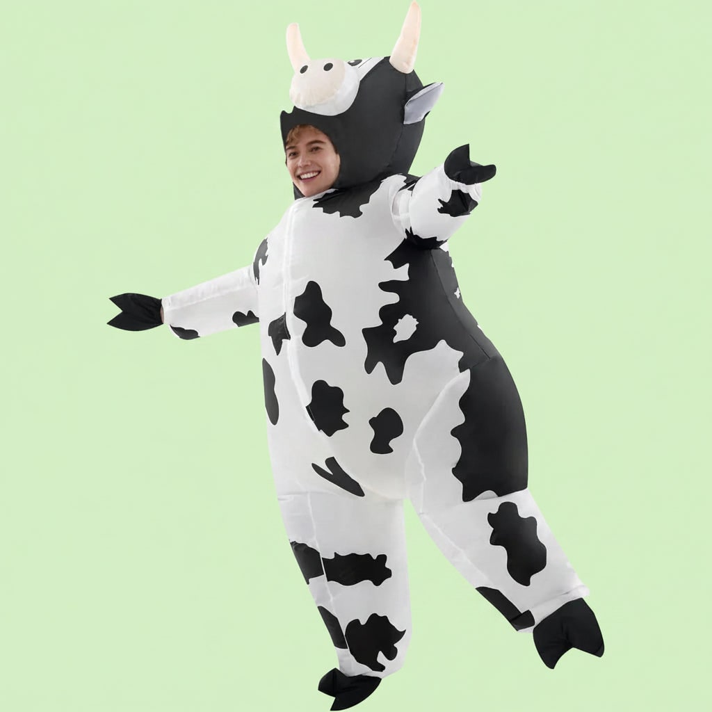 Inflatable Cow Costume with Open Face Hood and Hoof Covers for Funny Animal Dress Up
