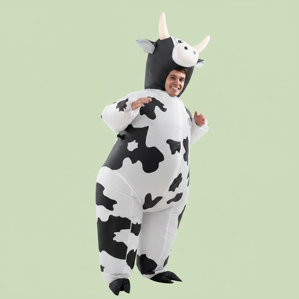 Inflatable Cow Costume with Open Face Hood and Hoof Covers for Funny Animal Dress Up